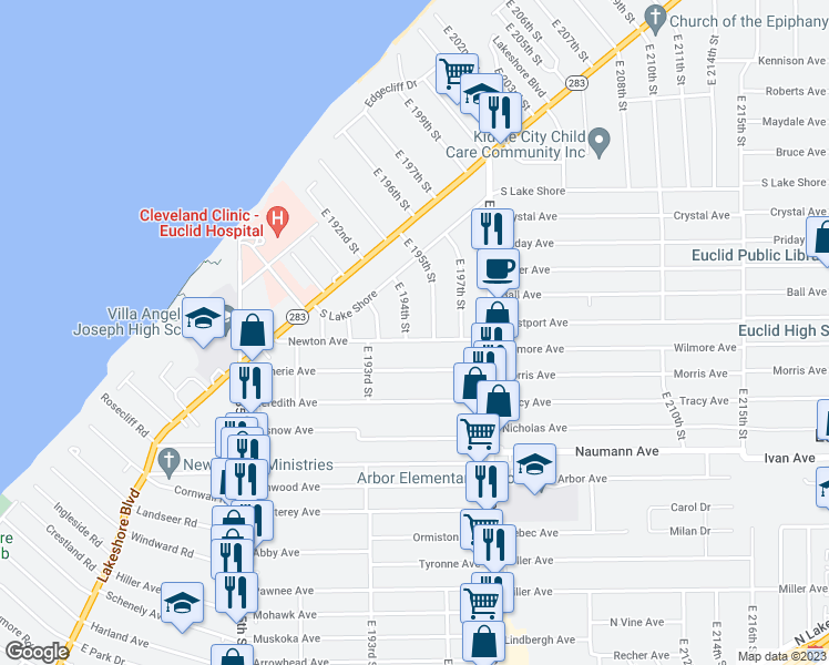 map of restaurants, bars, coffee shops, grocery stores, and more near 320 East 195th Street in Euclid