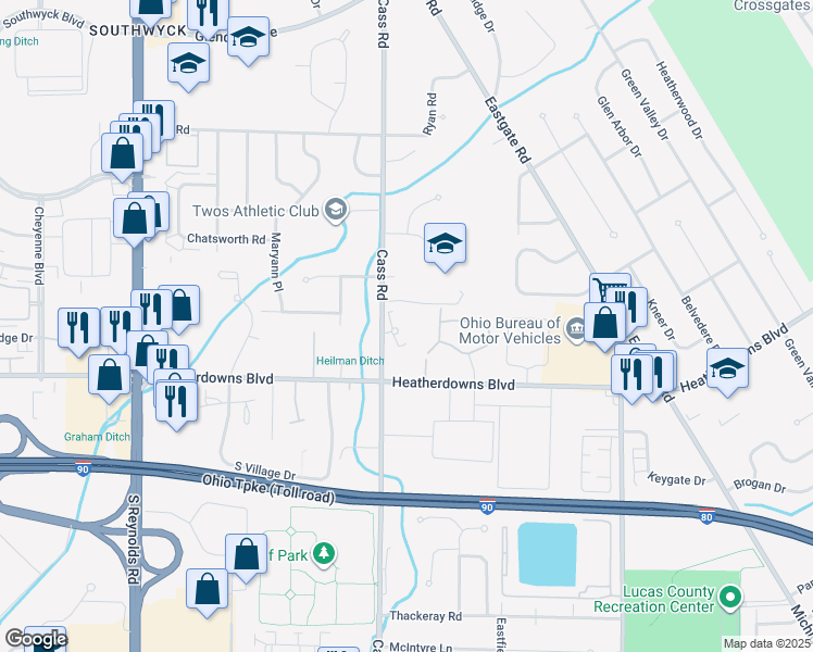 map of restaurants, bars, coffee shops, grocery stores, and more near 2352 West Bank Road in Toledo