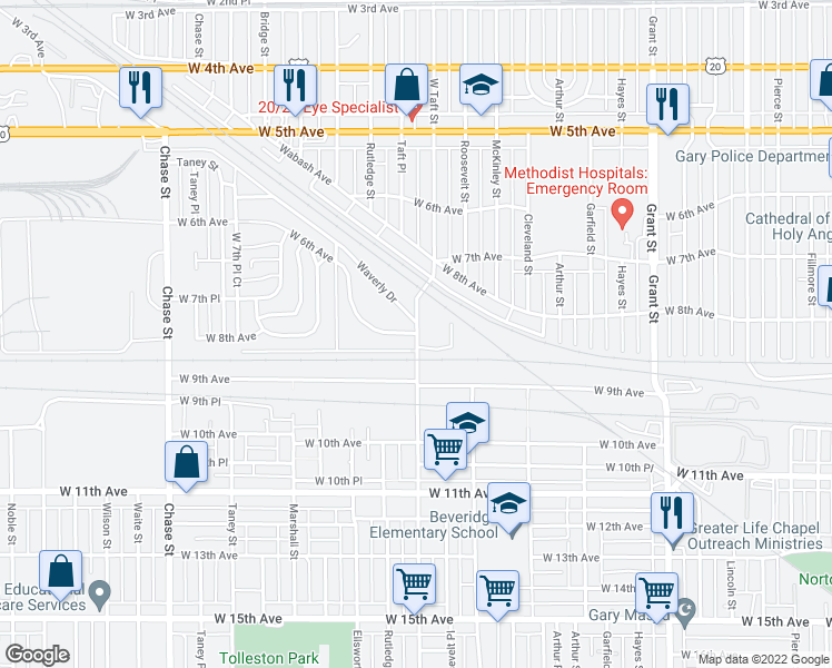map of restaurants, bars, coffee shops, grocery stores, and more near 2301 Waverly Drive in Gary