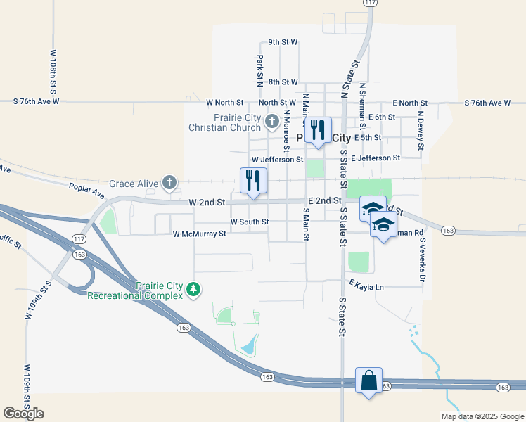 map of restaurants, bars, coffee shops, grocery stores, and more near 117 South Main Street in Prairie City