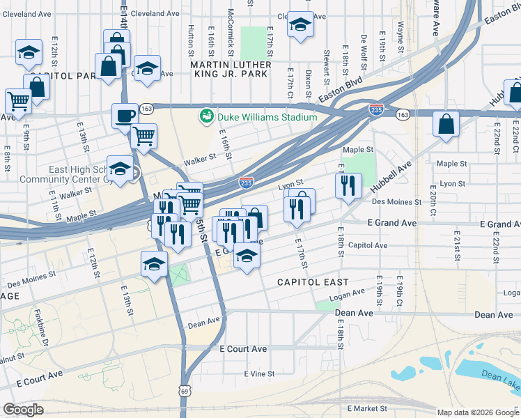 map of restaurants, bars, coffee shops, grocery stores, and more near 1613 Lyon Street in Des Moines