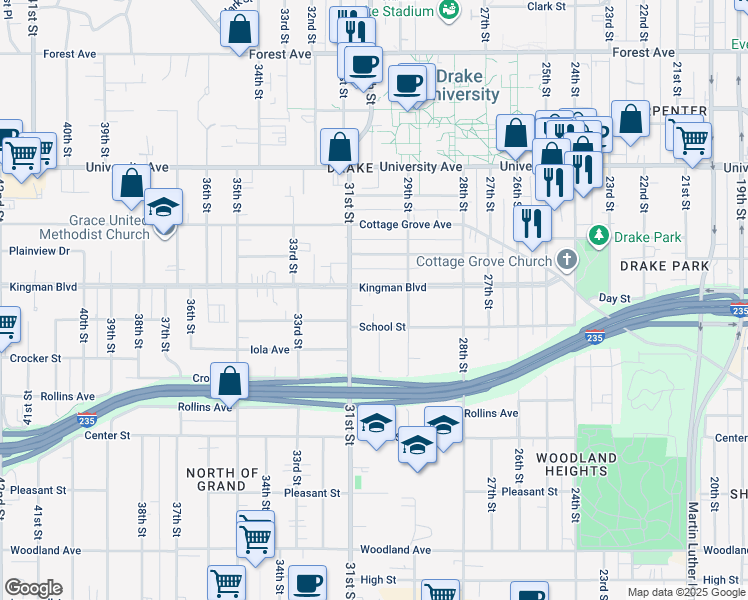 map of restaurants, bars, coffee shops, grocery stores, and more near 2933 Kingman Boulevard in Des Moines