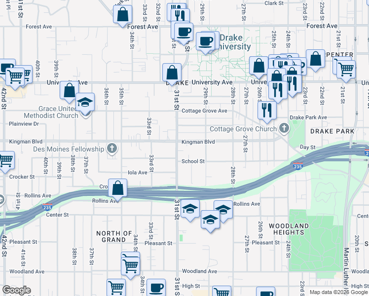 map of restaurants, bars, coffee shops, grocery stores, and more near 2933 Kingman Boulevard in Des Moines