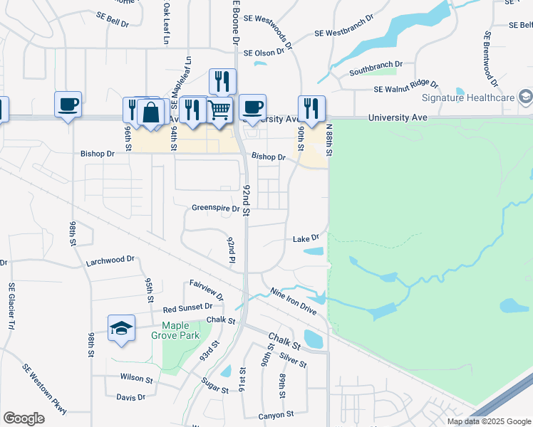 map of restaurants, bars, coffee shops, grocery stores, and more near Greenspire Drive in West Des Moines