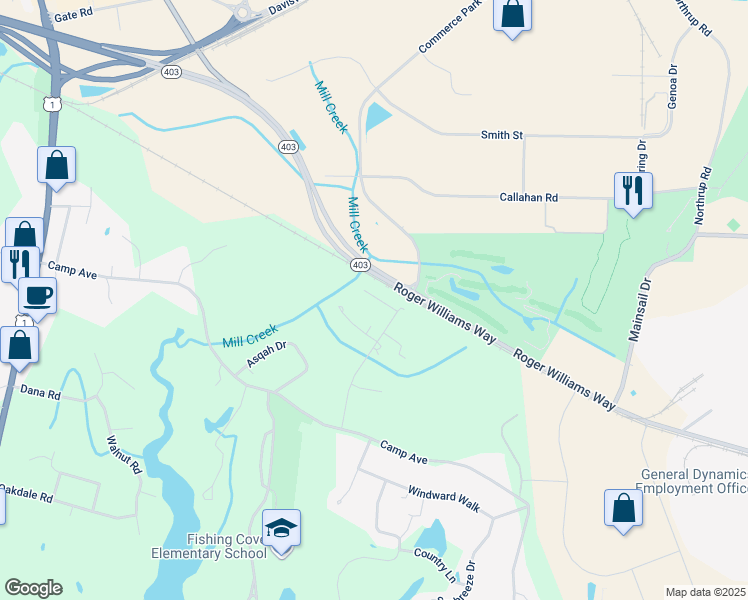 map of restaurants, bars, coffee shops, grocery stores, and more near 90 Ripple Lane in North Kingstown