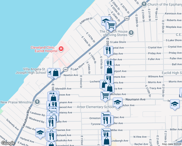 map of restaurants, bars, coffee shops, grocery stores, and more near 320 East 195th Street in Euclid