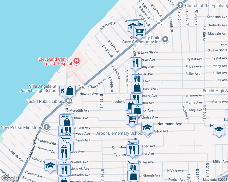 map of restaurants, bars, coffee shops, grocery stores, and more near 305 East 194th Street in Euclid