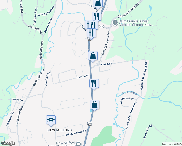 map of restaurants, bars, coffee shops, grocery stores, and more near 52 Park Lane Road in New Milford