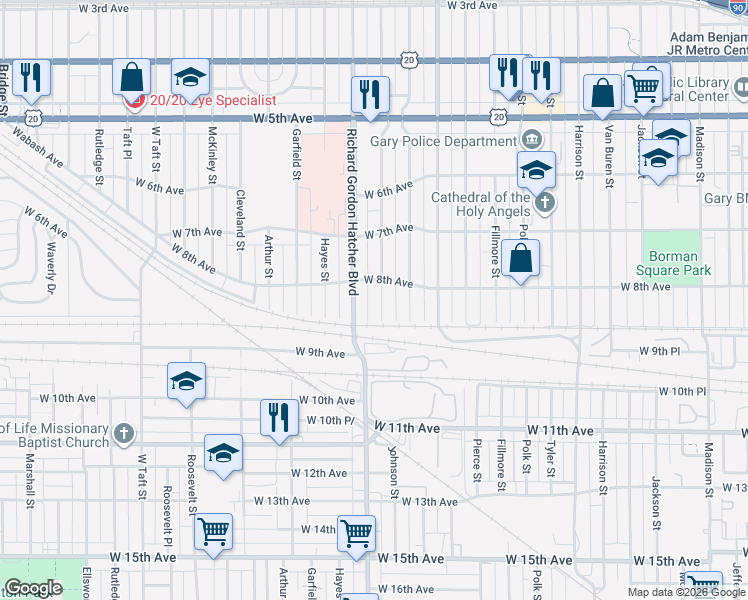 map of restaurants, bars, coffee shops, grocery stores, and more near 811 Johnson Street in Gary