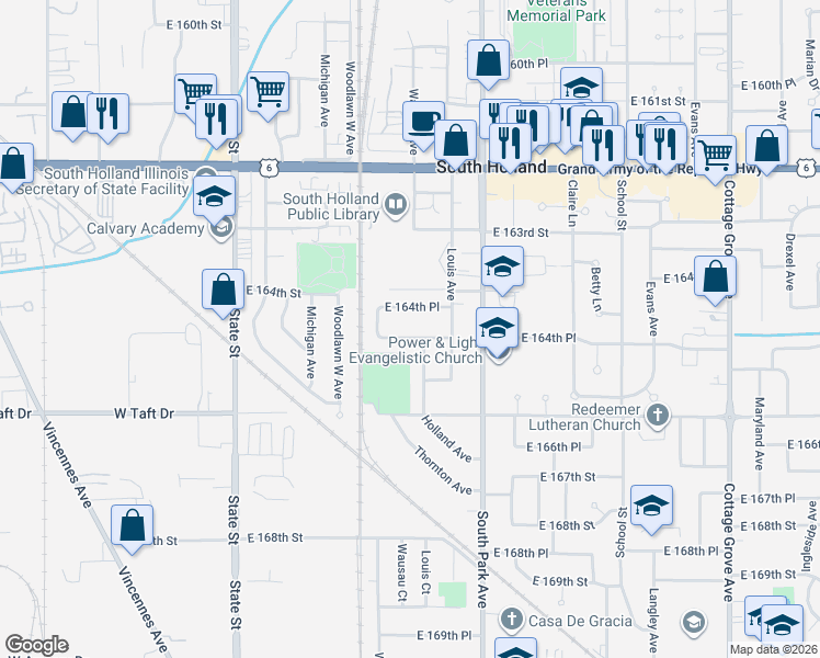 map of restaurants, bars, coffee shops, grocery stores, and more near 243 East 164th Place in South Holland