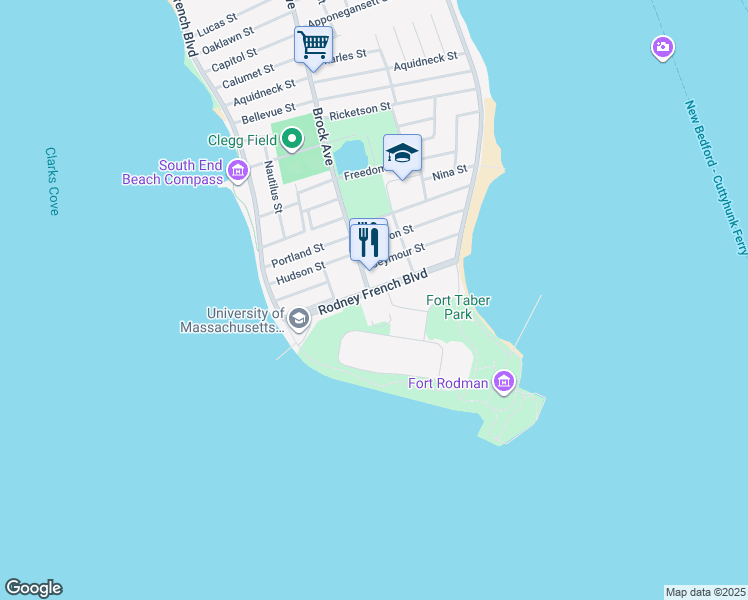 map of restaurants, bars, coffee shops, grocery stores, and more near 838 South Rodney French Boulevard in New Bedford