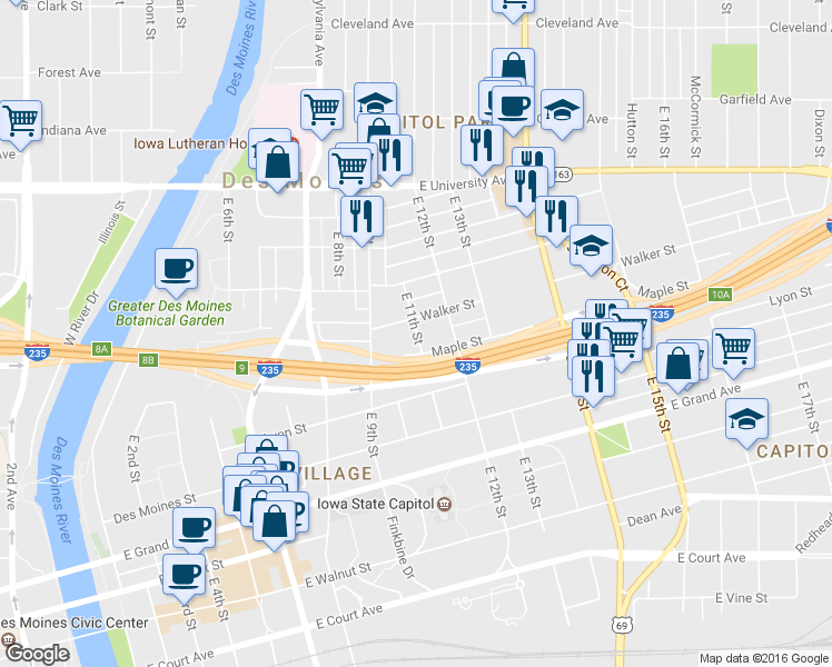 map of restaurants, bars, coffee shops, grocery stores, and more near 814 East 11th Street in Des Moines