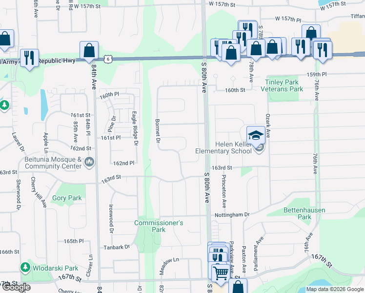 map of restaurants, bars, coffee shops, grocery stores, and more near 8101 Justin Court in Tinley Park