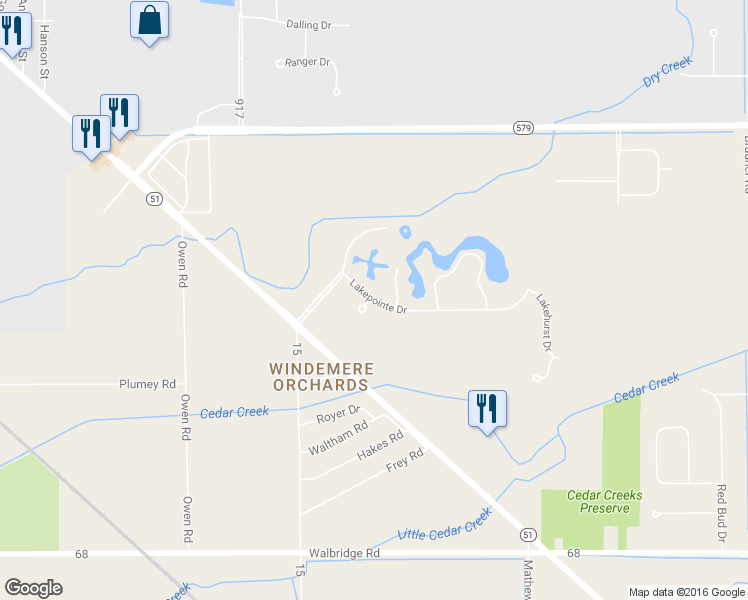 map of restaurants, bars, coffee shops, grocery stores, and more near 3627 Lakepointe Drive in Northwood