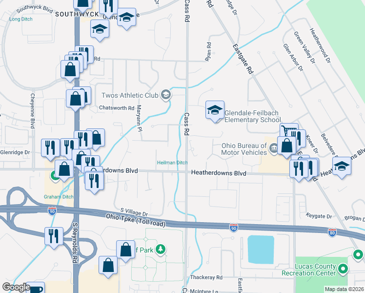 map of restaurants, bars, coffee shops, grocery stores, and more near 2356 Cass Road in Toledo