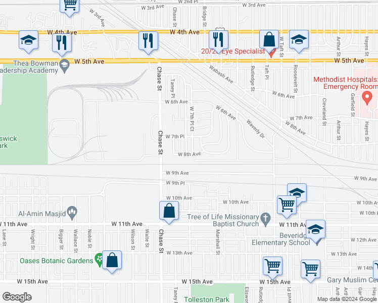 map of restaurants, bars, coffee shops, grocery stores, and more near 785 Taney Street in Gary
