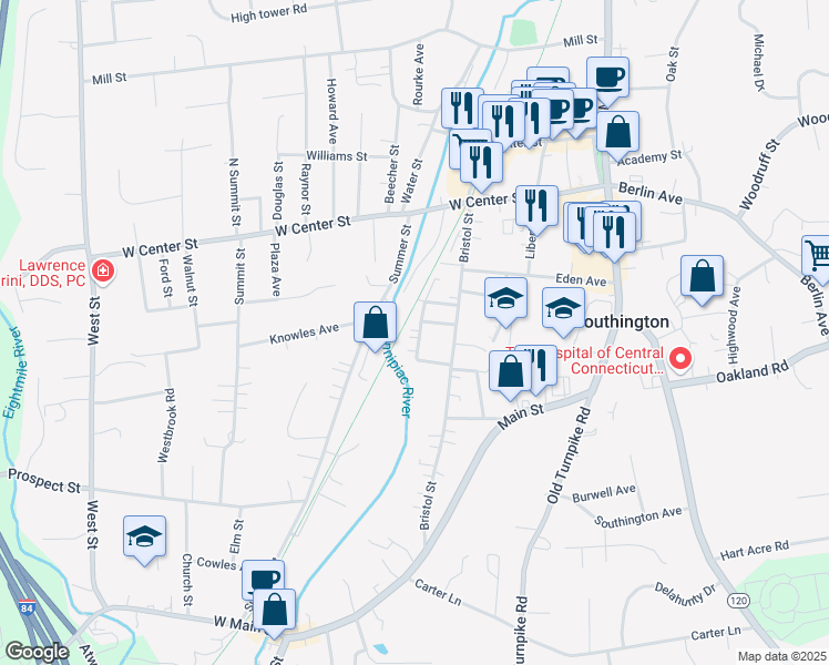 map of restaurants, bars, coffee shops, grocery stores, and more near 66 Germania Street in Southington