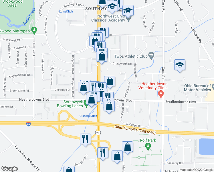 map of restaurants, bars, coffee shops, grocery stores, and more near 2429 South Reynolds Road in Toledo