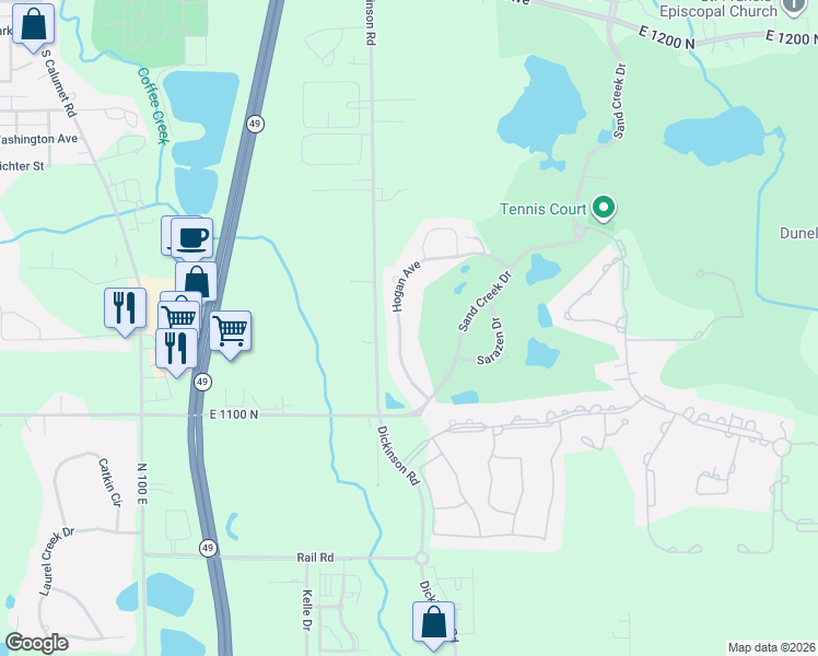 map of restaurants, bars, coffee shops, grocery stores, and more near 1591 Hogan Avenue in Chesterton
