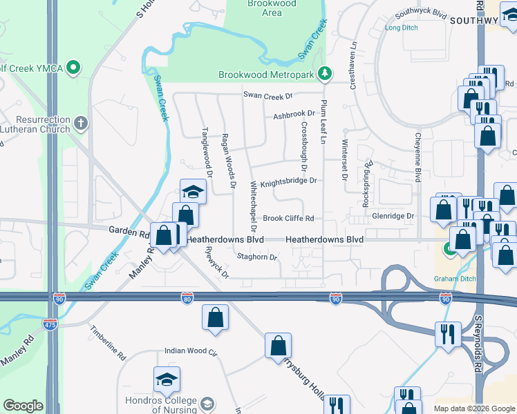 map of restaurants, bars, coffee shops, grocery stores, and more near 2404 Whitechapel Drive in Toledo