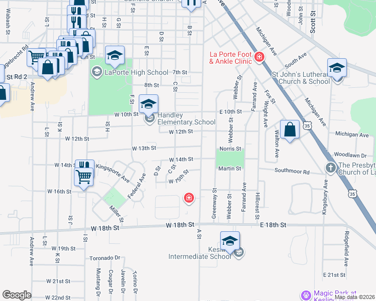 map of restaurants, bars, coffee shops, grocery stores, and more near 113 West 13th Street in La Porte