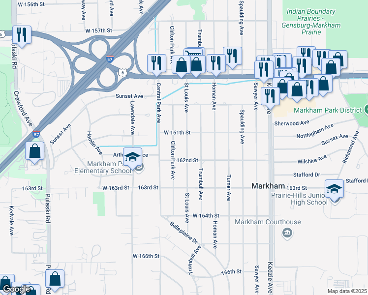 map of restaurants, bars, coffee shops, grocery stores, and more near 16130 Saint Louis Avenue in Markham