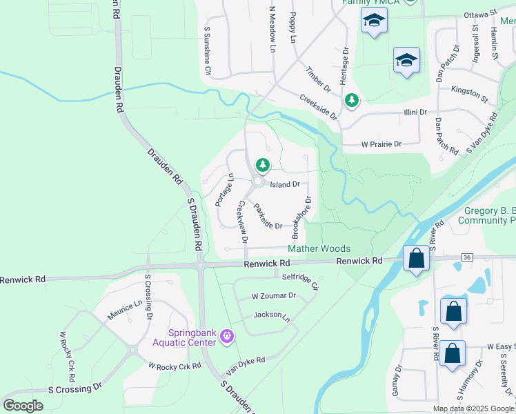 map of restaurants, bars, coffee shops, grocery stores, and more near 25207 Parkside Drive in Plainfield