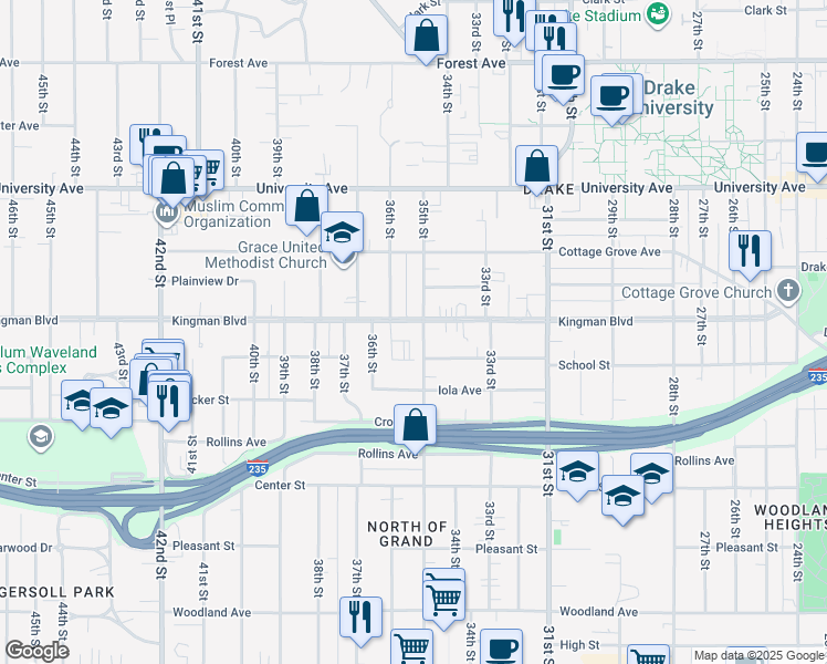 map of restaurants, bars, coffee shops, grocery stores, and more near 3500 Kingman Boulevard in Des Moines