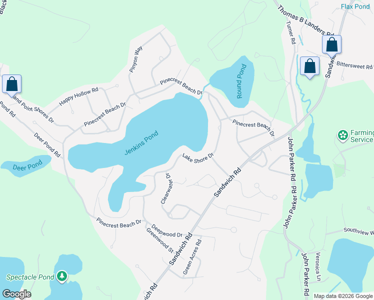 map of restaurants, bars, coffee shops, grocery stores, and more near 111 Lake Shore Drive in Falmouth