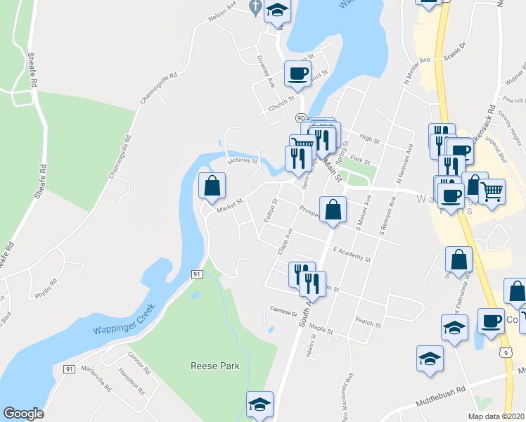 map of restaurants, bars, coffee shops, grocery stores, and more near 25 Fulton Street in Wappingers Falls