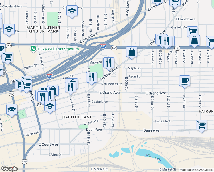map of restaurants, bars, coffee shops, grocery stores, and more near 1833 Hubbell Avenue in Des Moines