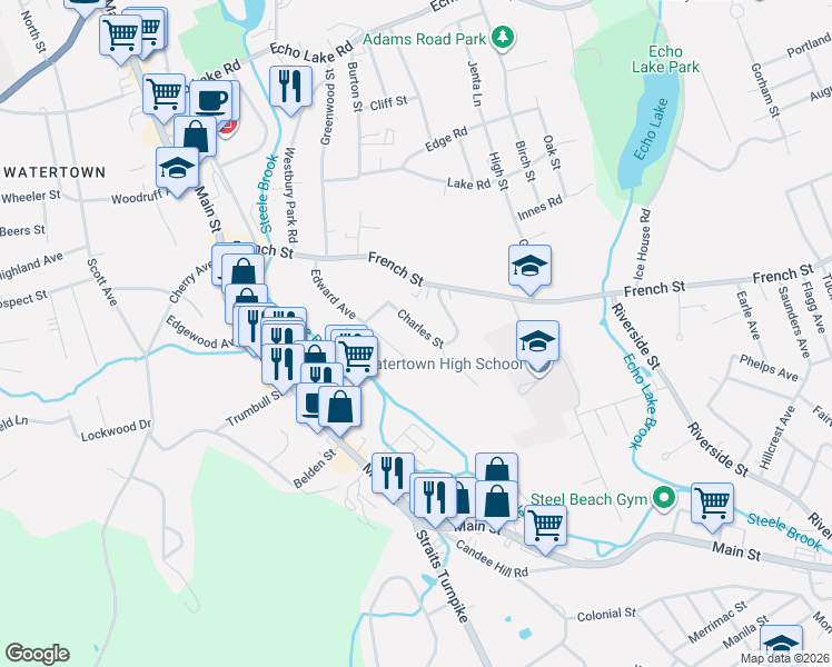 map of restaurants, bars, coffee shops, grocery stores, and more near 40 Charles Street in Watertown