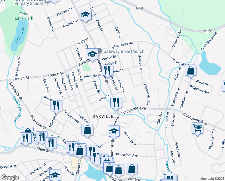 map of restaurants, bars, coffee shops, grocery stores, and more near 361 Buckingham Street in Watertown