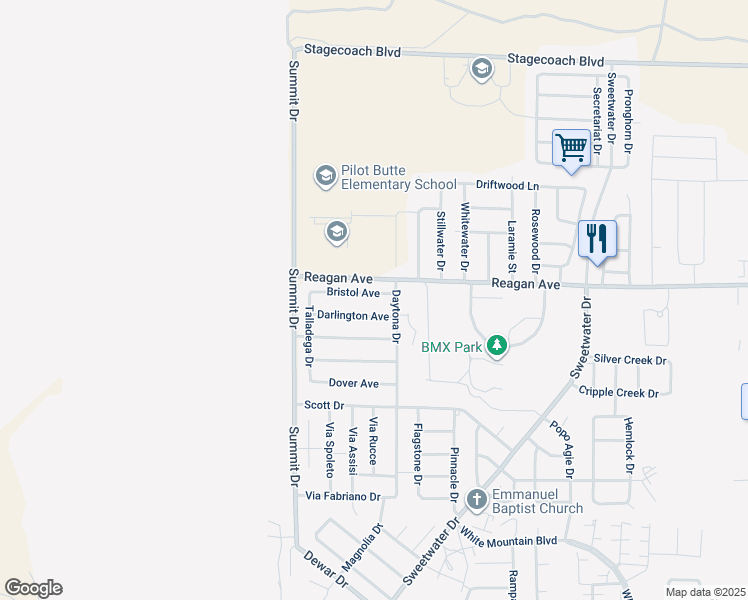 map of restaurants, bars, coffee shops, grocery stores, and more near 3201-3499 Bristol Avenue in Rock Springs