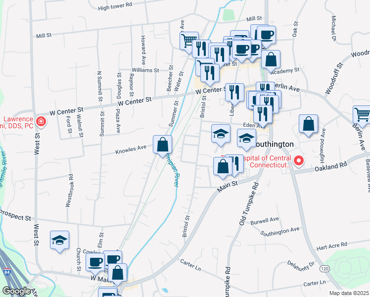 map of restaurants, bars, coffee shops, grocery stores, and more near 50 Railroad Avenue in Southington