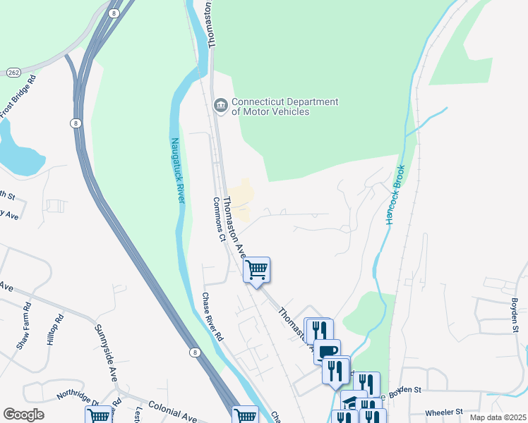 map of restaurants, bars, coffee shops, grocery stores, and more near 89 Downes Street in Waterbury