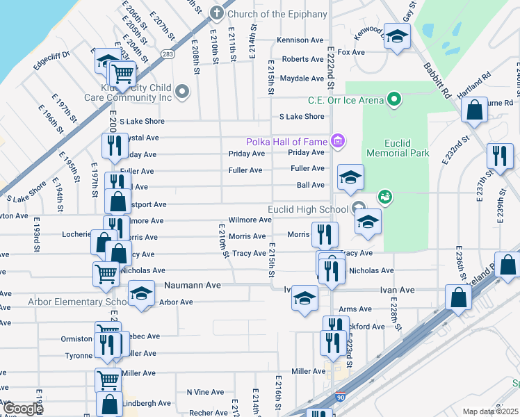 map of restaurants, bars, coffee shops, grocery stores, and more near 21471 Westport Avenue in Euclid