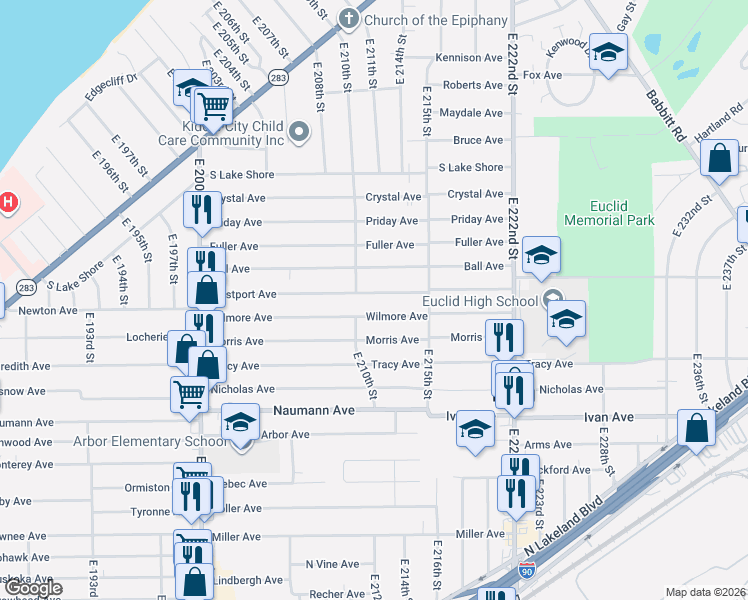 map of restaurants, bars, coffee shops, grocery stores, and more near 21251 Westport Avenue in Euclid