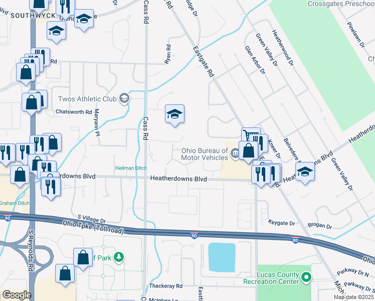 map of restaurants, bars, coffee shops, grocery stores, and more near 2378 West Bank Road in Toledo