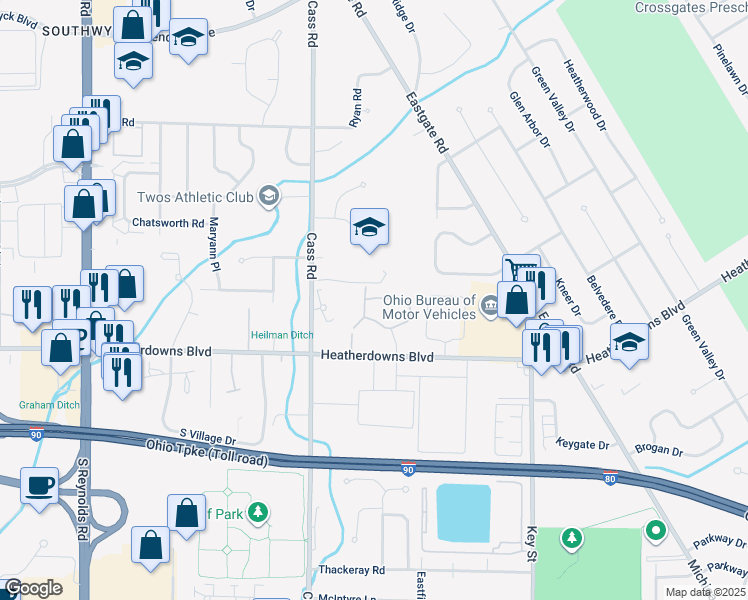map of restaurants, bars, coffee shops, grocery stores, and more near 2378 West Bank Road in Toledo