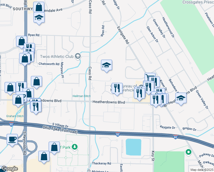 map of restaurants, bars, coffee shops, grocery stores, and more near 2378 West Bank Road in Toledo