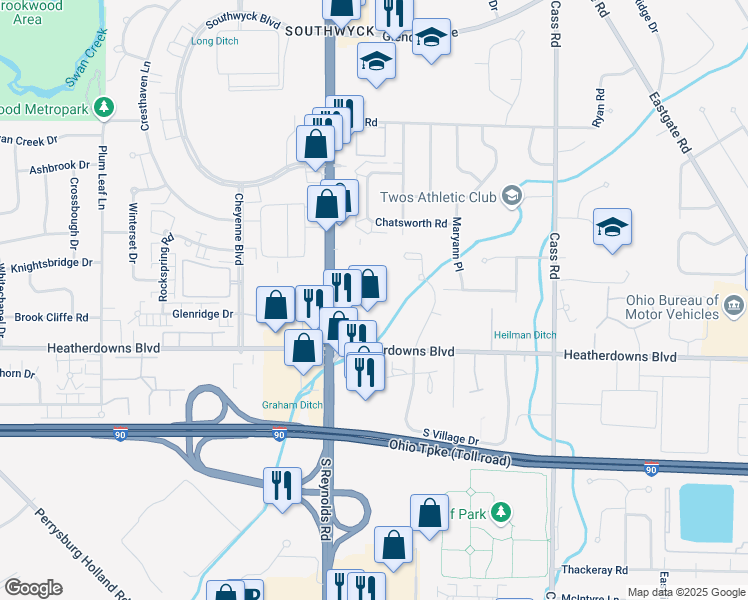 map of restaurants, bars, coffee shops, grocery stores, and more near 2429 South Reynolds Road in Toledo