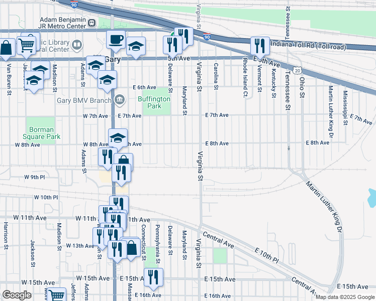 map of restaurants, bars, coffee shops, grocery stores, and more near 800 Virginia Street in Gary