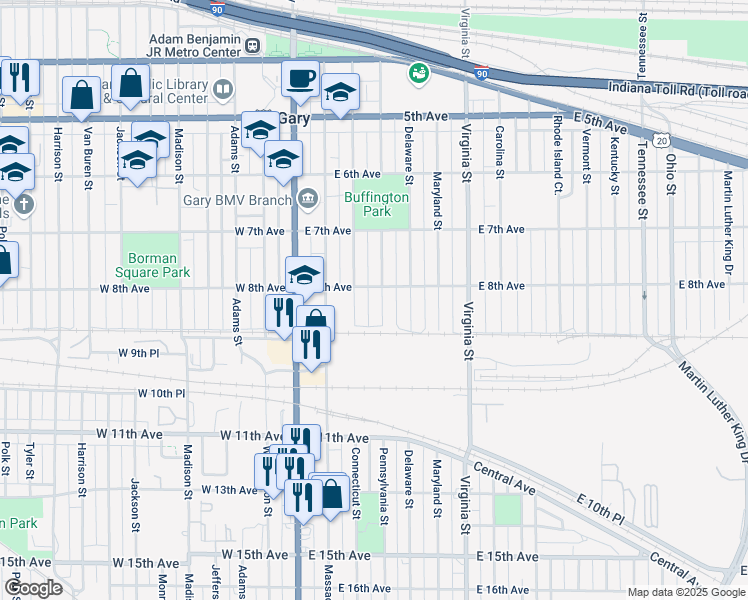 map of restaurants, bars, coffee shops, grocery stores, and more near 801 Pennsylvania Street in Gary