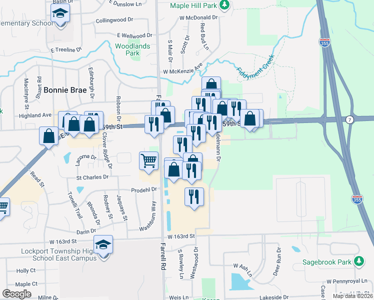map of restaurants, bars, coffee shops, grocery stores, and more near 16625 West 159th Street in Lockport