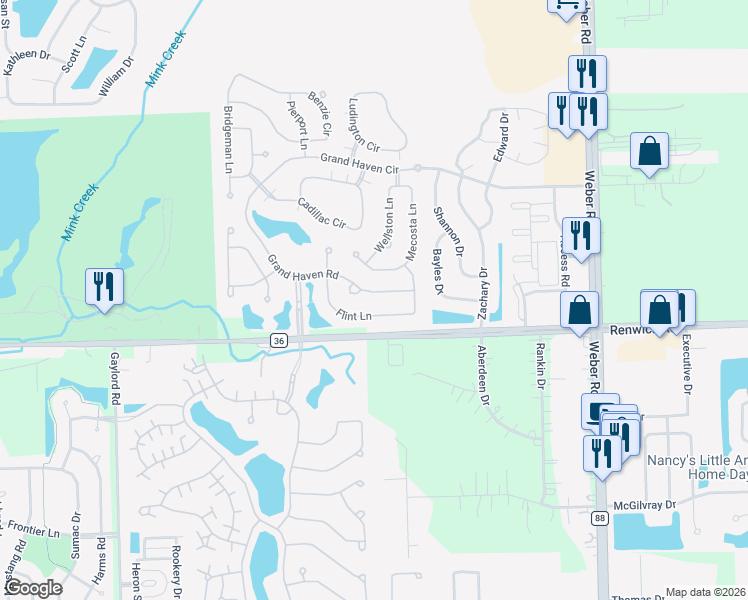 map of restaurants, bars, coffee shops, grocery stores, and more near 1471 Grand Haven Road in Romeoville