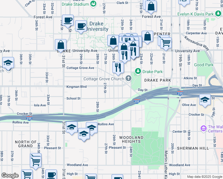 map of restaurants, bars, coffee shops, grocery stores, and more near 2600 Kingman Boulevard in Des Moines