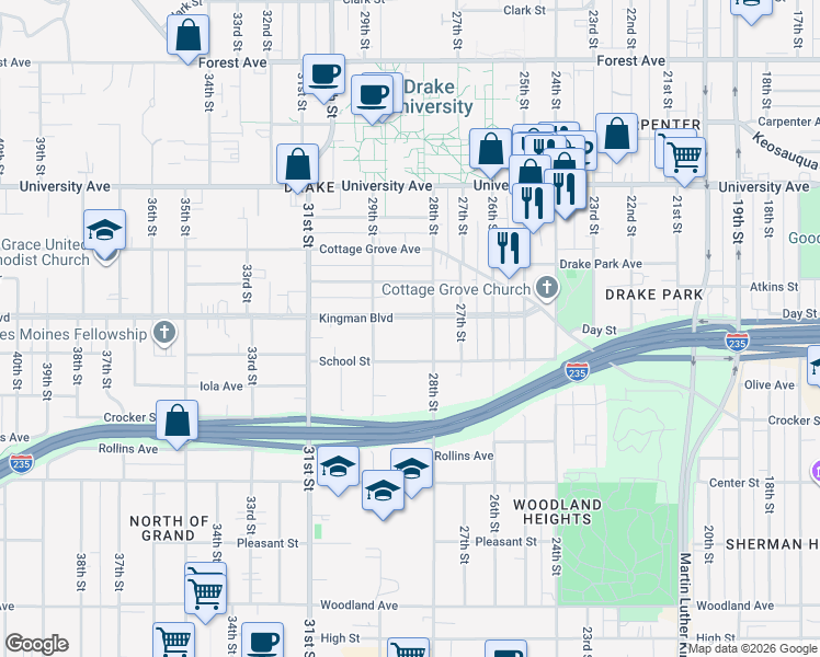 map of restaurants, bars, coffee shops, grocery stores, and more near 2820 Kingman Boulevard in Des Moines
