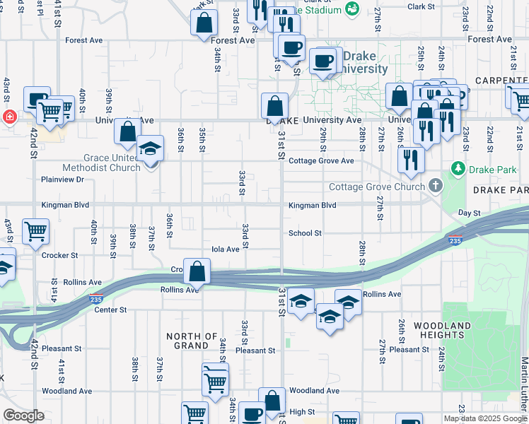 map of restaurants, bars, coffee shops, grocery stores, and more near 3120 Kingman Boulevard in Des Moines