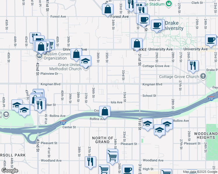 map of restaurants, bars, coffee shops, grocery stores, and more near 3500 Kingman Boulevard in Des Moines